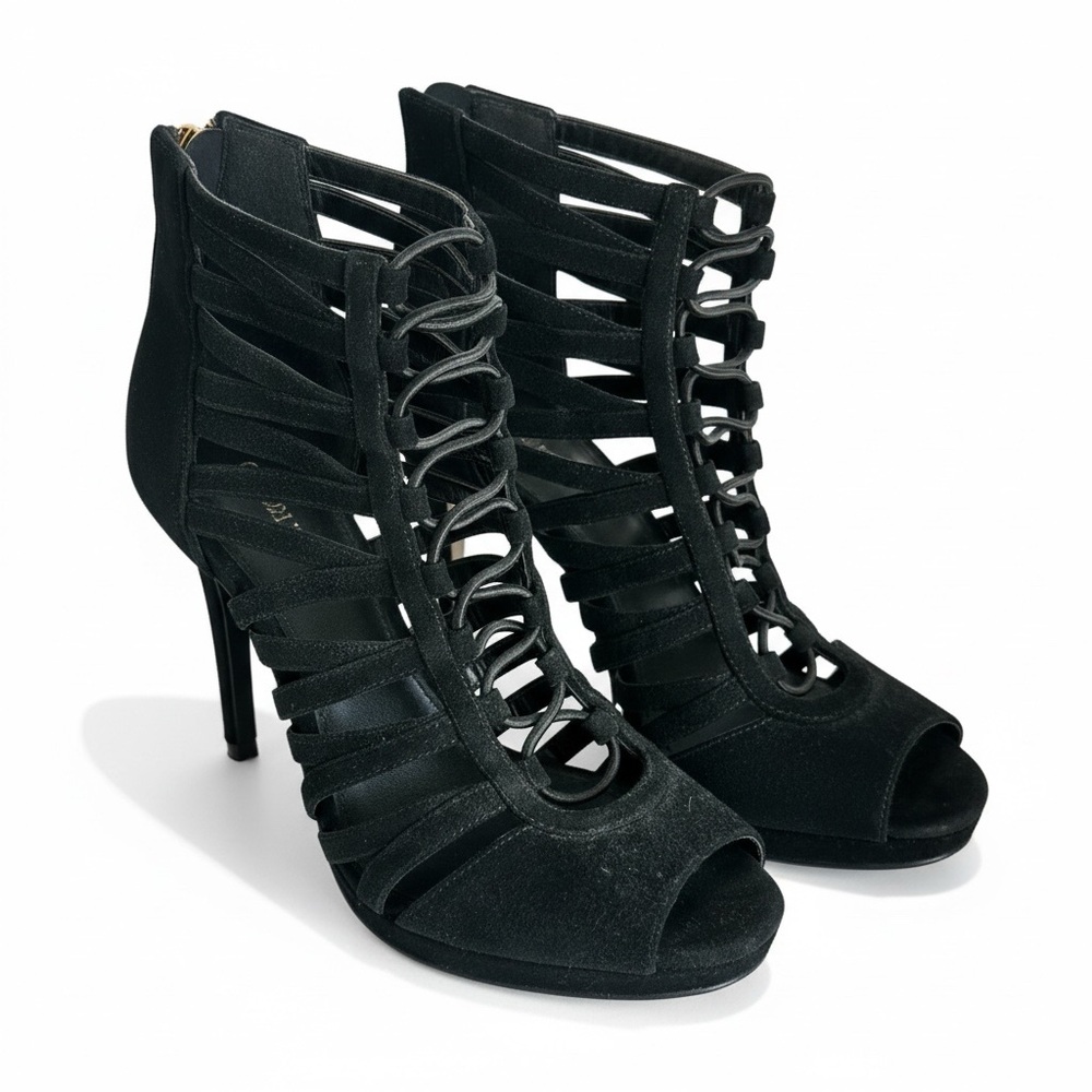 Michael Kors Clarissa Black Suede Platform Peep-Toe Zip Heel